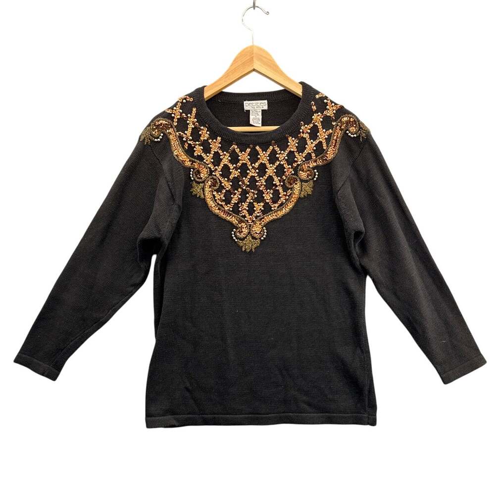 Petites By SML Vintage Sequin Beaded Black Long Sleeve Sweater Women Small